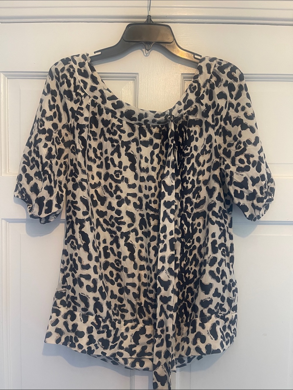 White House Black Market Cream and Black Leopard Tie-Neck Blouse